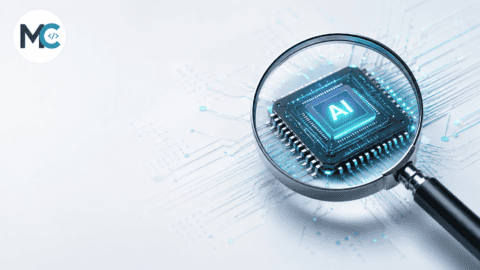 Imagine cu logo-ul Mahu Code și o lupă care analizează un cip AI luminos, conectat prin circuite digitale albastre și turcoaz, sugerând optimizarea vizibilității în căutările AI.