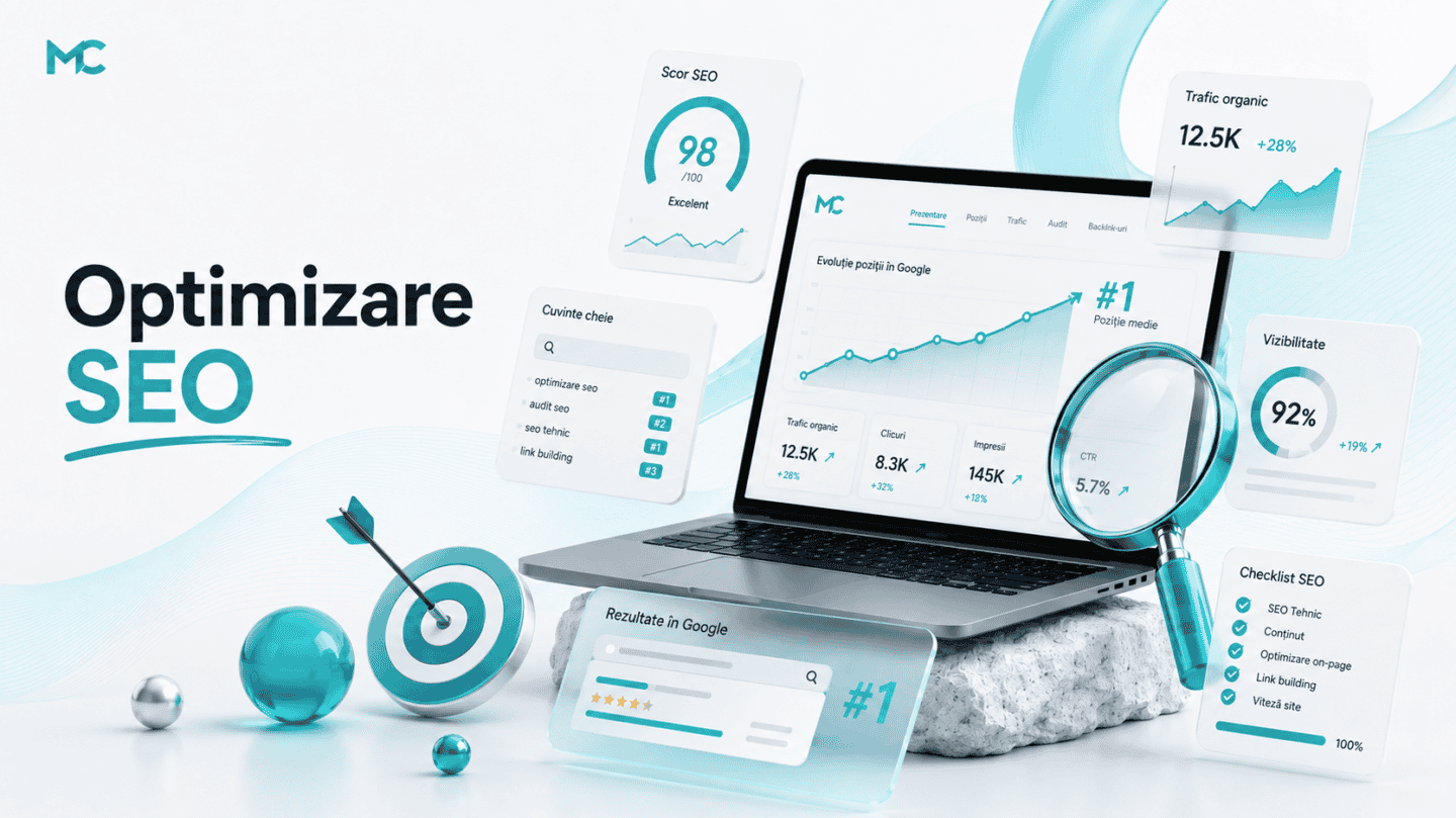 Analiză și optimizare SEO cu grafice și instrumente digitale.