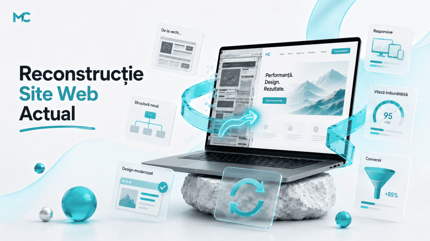 Laptop cu grafice și diagrame pentru reconstrucție site web actual.